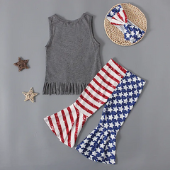 Children Kids Baby Fashion Girls Independence Day Flag Sleeveless Letter Print T-Shirt And Pants Set