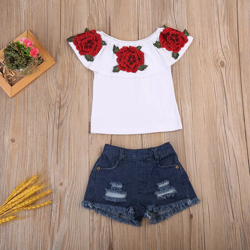 Girls Fashion Flower Pattern Ruffled Design Tops And Denim Shorts Set