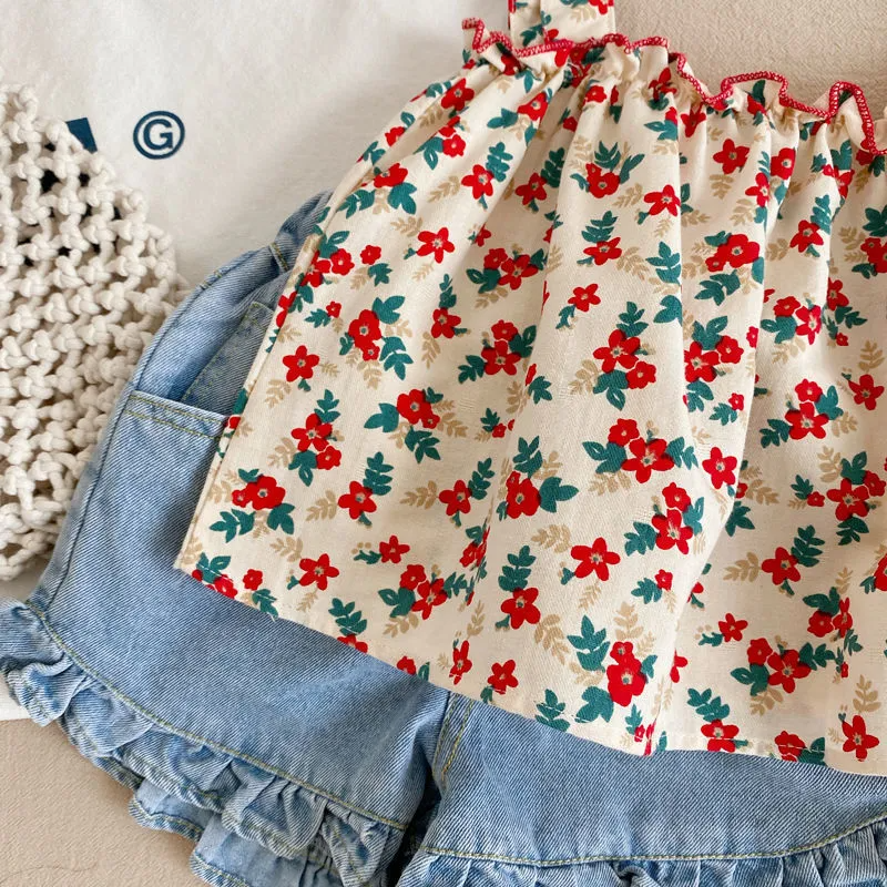 Girls Fashion Tiny Flower Printed Camisole And Shorts Two Pieces Set