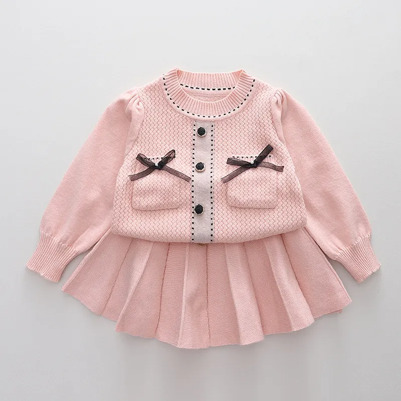 Kids Toddler Girls Autumn Winter Fashion Casual Simple Solid Color Bow Round Neck Sweater Pleated Skirt Set