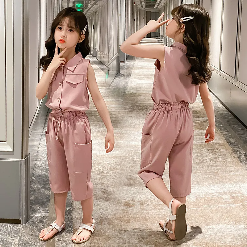 Children Kids Toddler Girls Lapel Sleeveless Top And Pants 2pcs Set