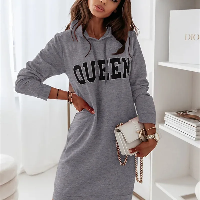 Autumn Winter Women Casual Long-Sleeved Hooded Letter Dress