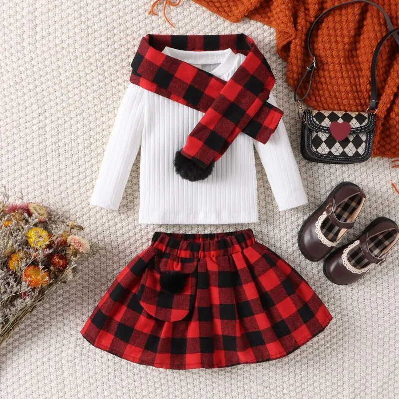 Kids Toddler Girls Fashion Casual Solid Color Stripe Long Sleeve Round Neck T-Shirt Plaid Short Skirt Sets