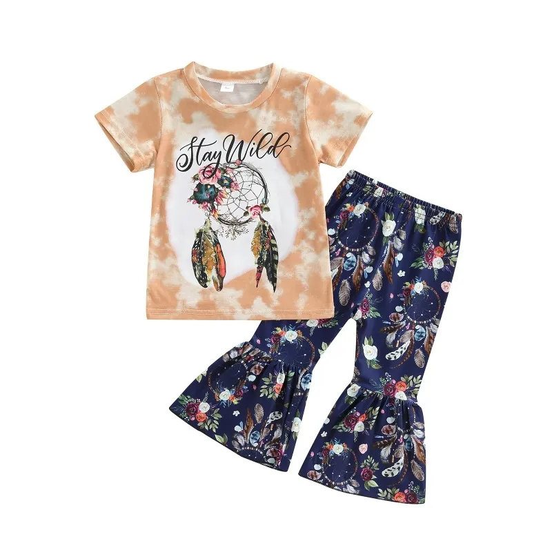 Children Kids Toddlers Fashion Girls Letter Print Short Sleeve T-Shirt And Flared Pants 2pcs Set