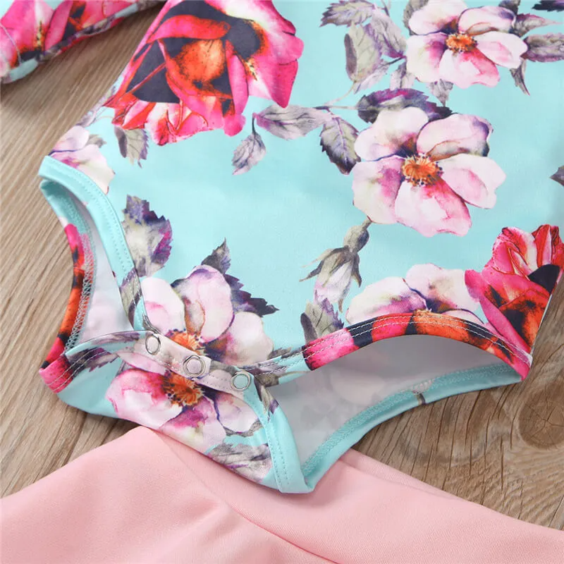 Flower Printing Long Sleeve Rompers And Solid Color Skirt With Headband Set