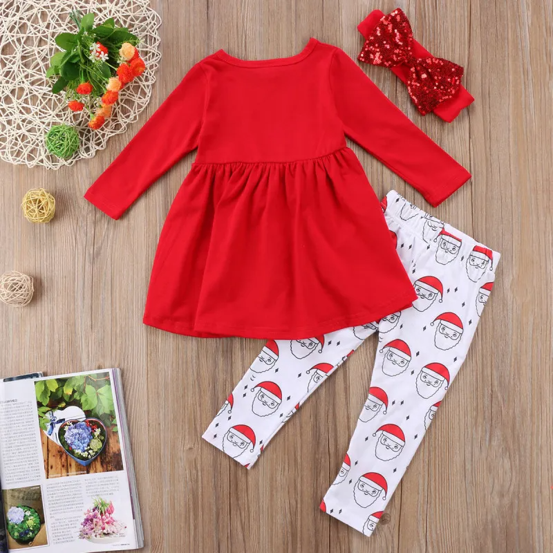 Kids Toddler Girls Party Santa Round Neck Long Sleeve Dress Pants Sets