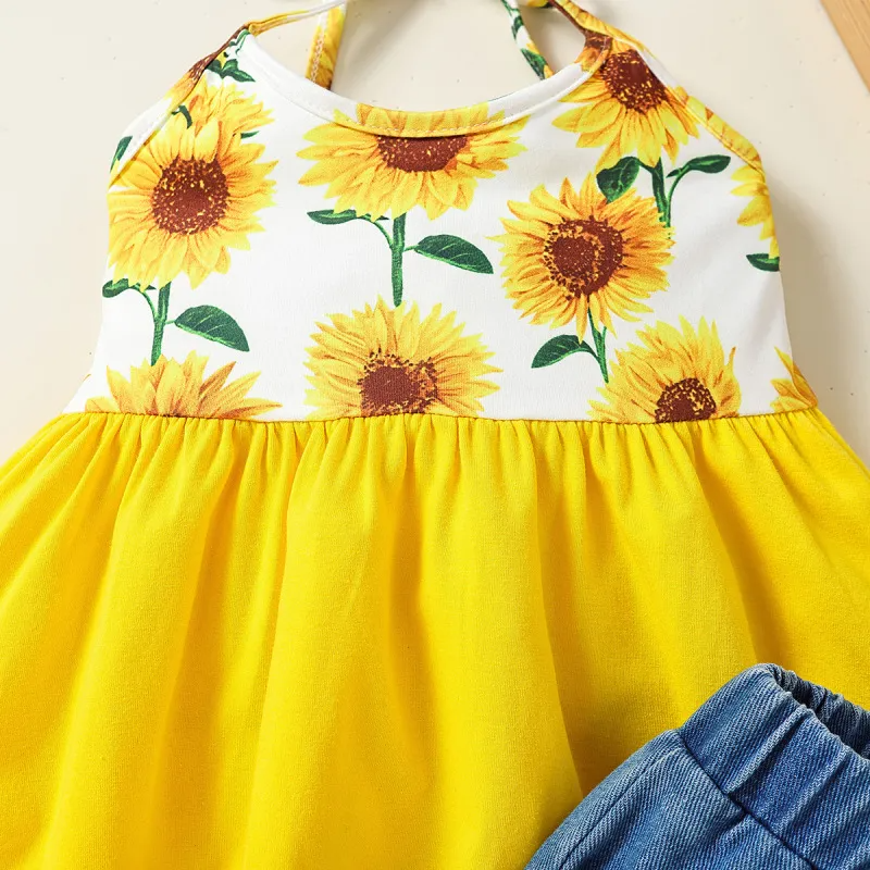 Children Kids Baby Fashion Girls Sunflower Sleeveless Suspenders Top And Denim Shorts 2pcs Set