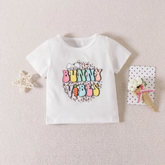 Kids Toddler Girls Casual Cute Easter Alphabet Cartoon Bunny Print Short Sleeve Round Neck T-Shirt Flare Trousers Set