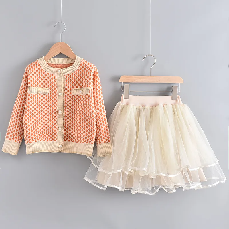 Girls Single Row Button Tops And Gauze Design Skirt Two-Piece Set