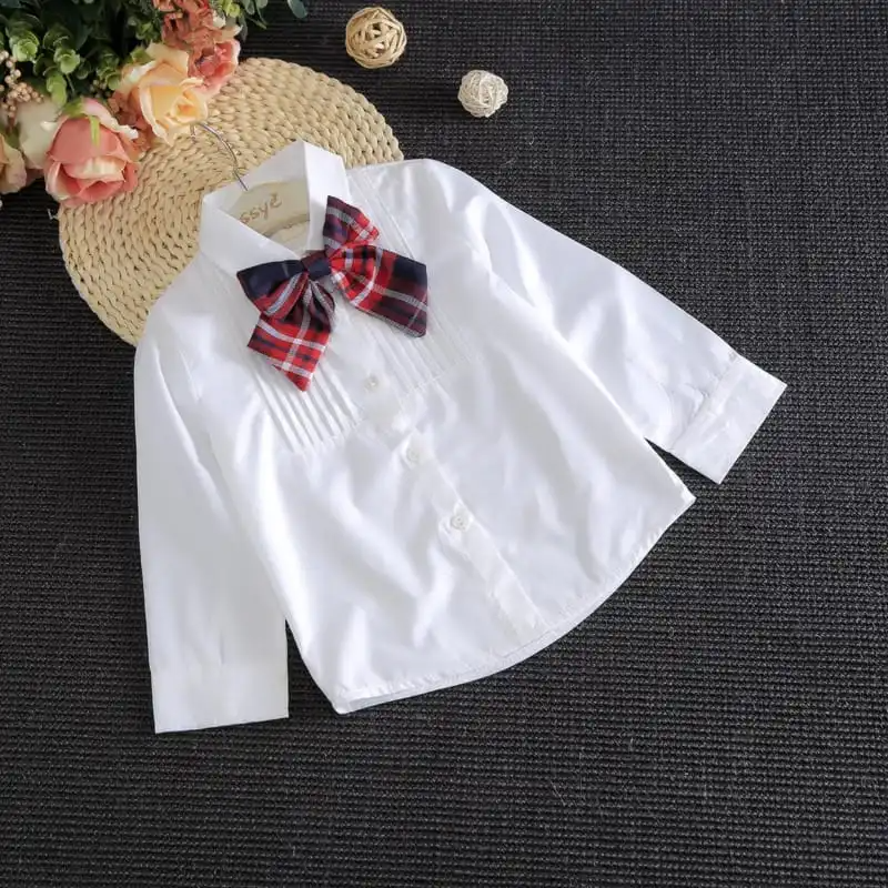 Girls Lapel Design Bowknot Decor Blouse And Plaid Skirt Set