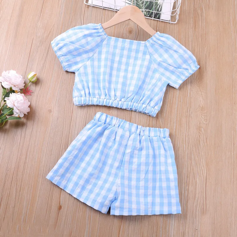 Girls Fashion Plaid Tops And Bow Decor Shorts Set