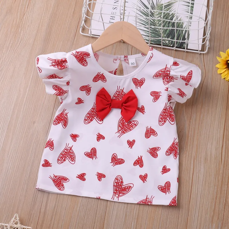 Children Kids Baby Fashion Girls Short Sleeve Heart Print Bowknot T-Shirt And Shorts 2pcs Set