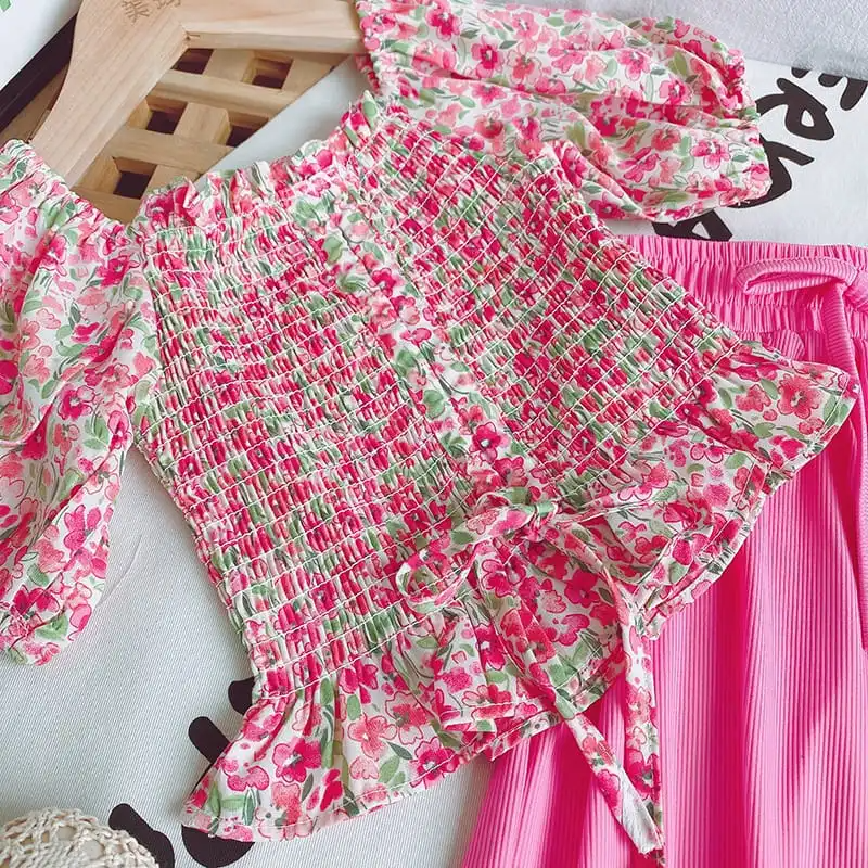 Girls Fashion Stringy Selvedge Design Floral Tops And Pants Set