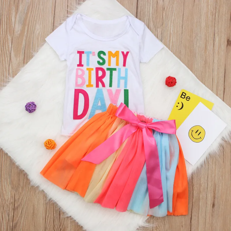 Kids Toddler Girls Party Casual Cute Rainbow Letter Round Neck Long Sleeve Short Sleeve Skirts Set