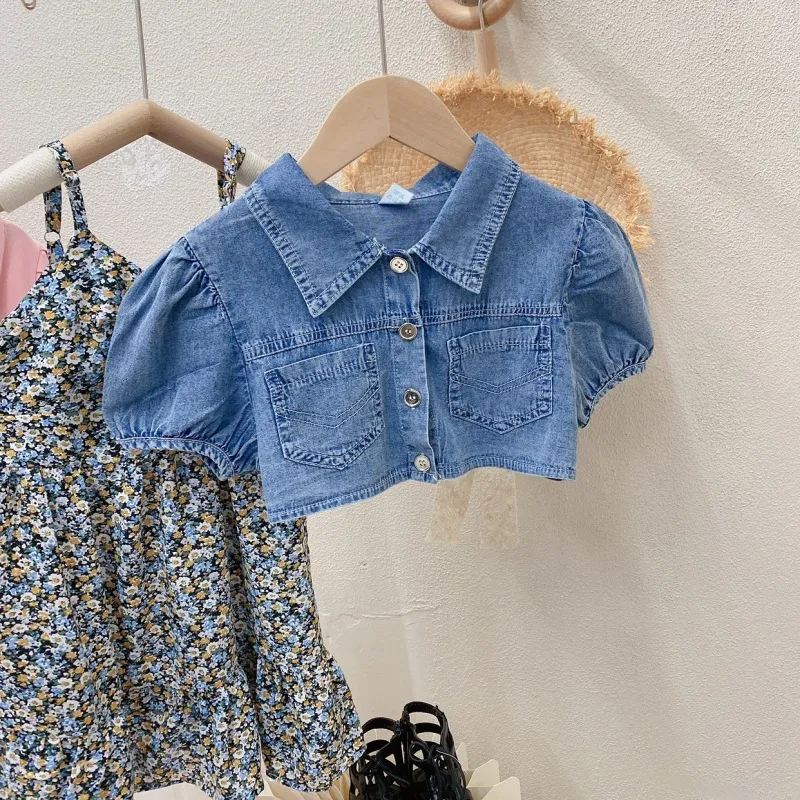 Children Kids Toddler Girls Denim Top Coat And Flower Suspender Dress 2pcs Set