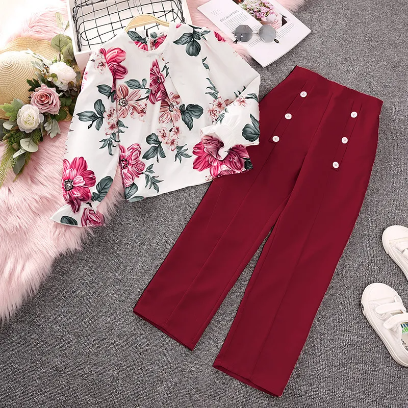 Children Kids Teen Fashion Girls Flower Printed Long Sleeved Top And Pants 2pcs Set