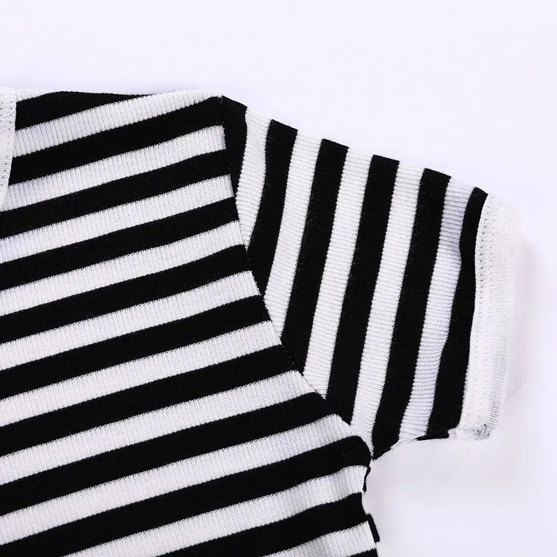 2 Pcs Kid Black Stripes Printed Tops And Shorts