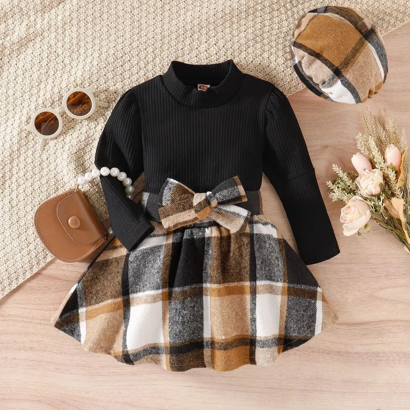 Kids Toddler Girls Fashion Casual Solid Color Stripe Long Sleeve Round Neck T-Shirt Plaid Short Skirt Sets