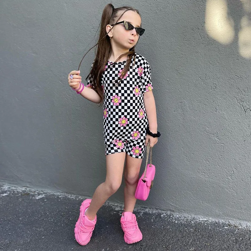 Kids Toddler Girls Casual Black White Plaid Sunflower Print Two-Piece Set