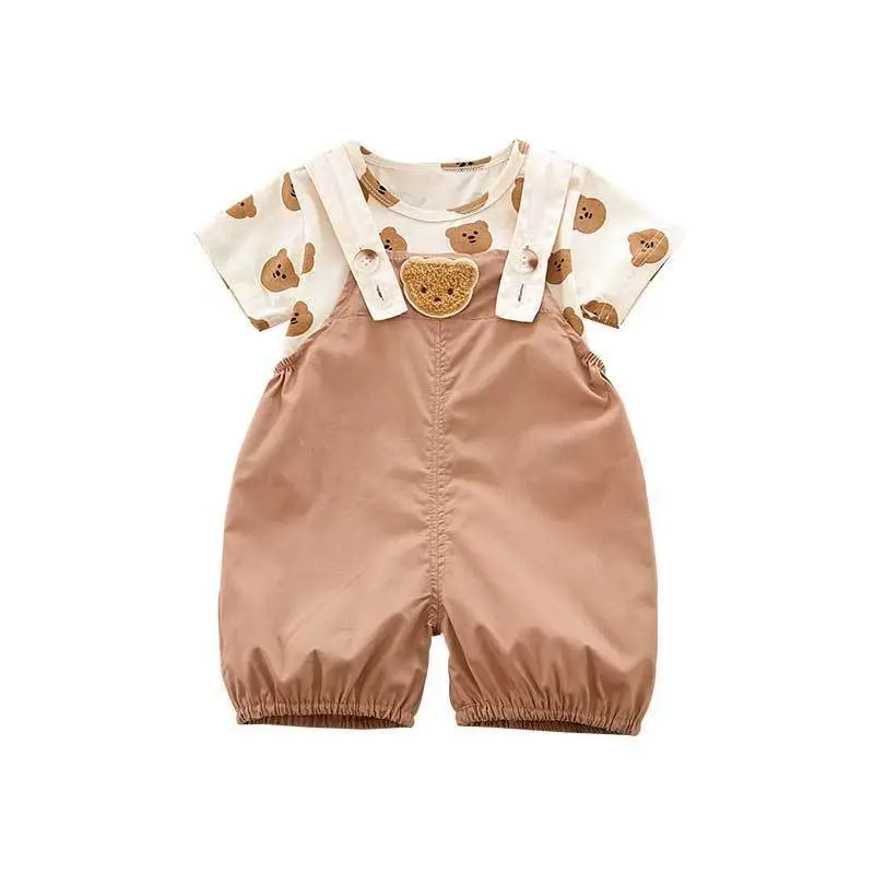 Kids Toddler Girls Fashion Bear Round Neck Short Sleeve T-Shirt And Suspender Pants Set