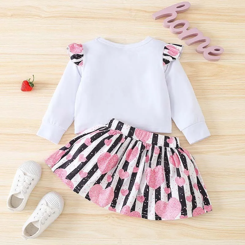 Kids Toddler Girls Casual Cute Sweet Letter Heart Print Long Sleeve Round Neck Sweatshirts Skirt Set