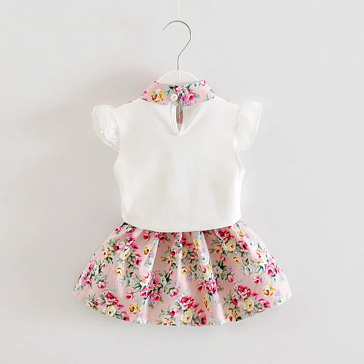 Children Kids Baby Fashion Girls Casual Basic Short Sleeve Flower T-Shirt And Skirt 2pcs Set