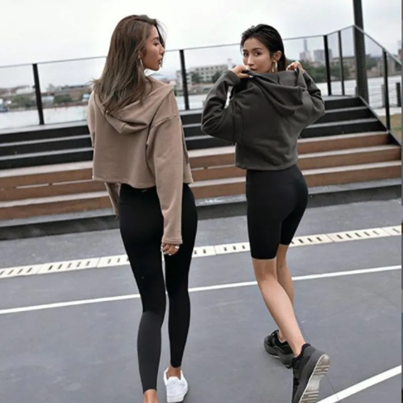 Fashion Athleisure Women Long-Sleeved Sports Cropped Zipper Solid Hoodie