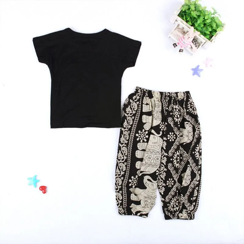 Stylish Girl Black Tees And Print Loose Pants 2 Pcs Set