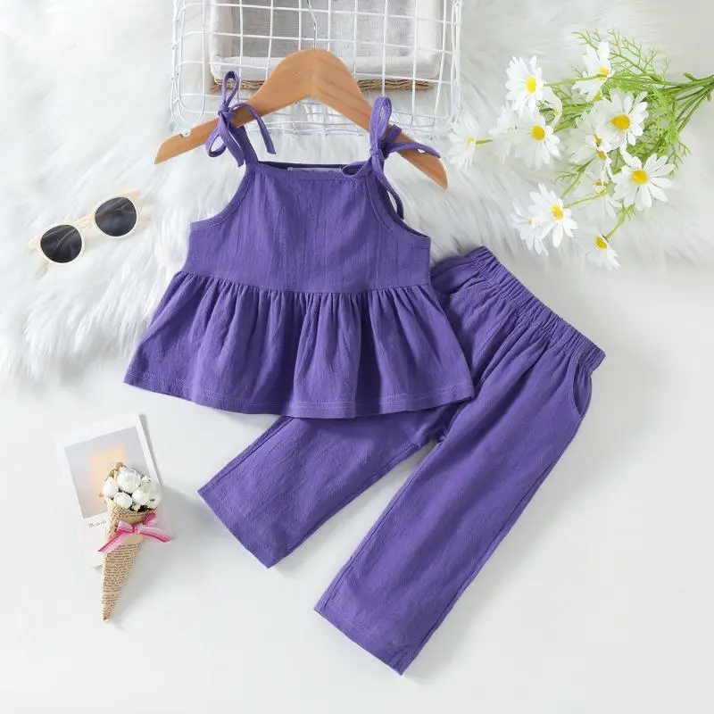 Children Kids Baby Fashion Girls Sleeveless Solid Color Sling Top And Pants 2pc Set