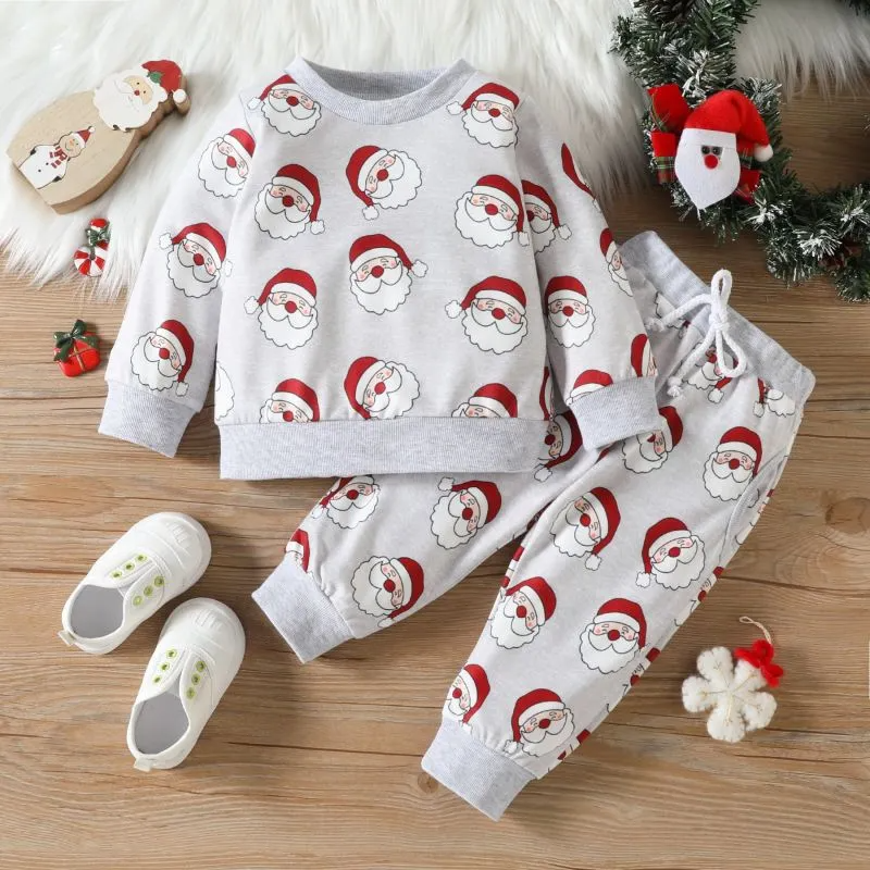 Kids Toddler Boys Girls Casual Cute Santa Claus Pattern Long Sleeve Round Neck Sweatshirts Pants Sets