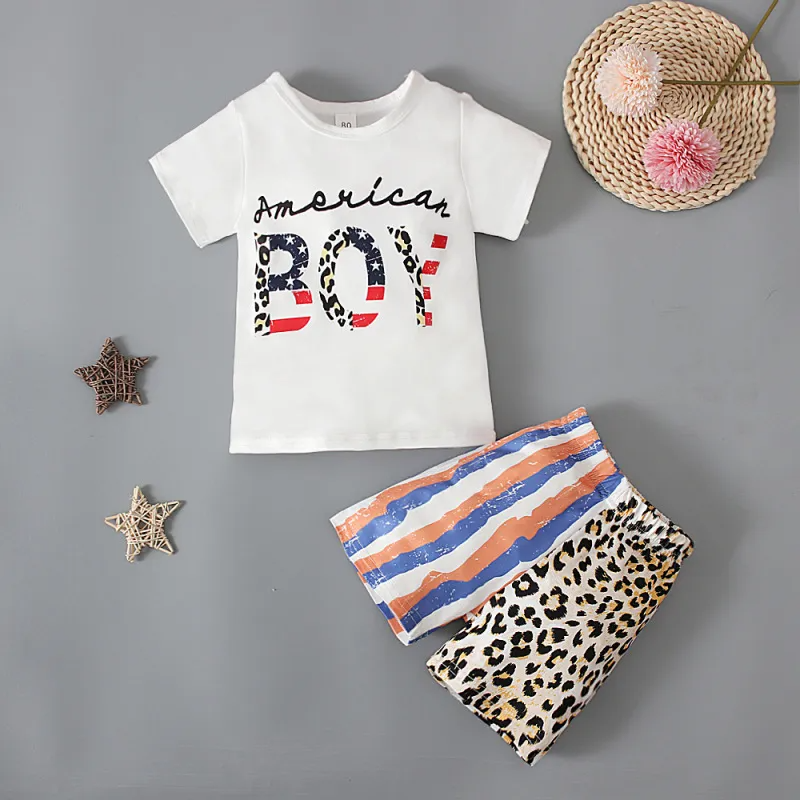 Children Kids Baby Fashion Girls Boys Independence Day Flag Short Sleeve Letter Print T-Shirt And Shorts Set