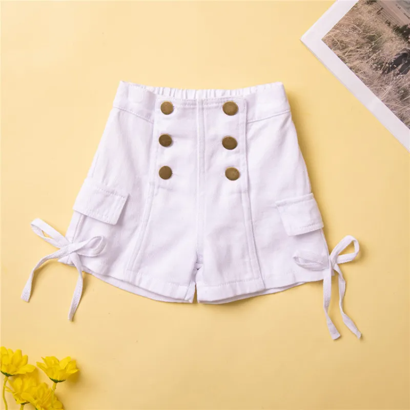 Kids Toddler Baby Girls Casual Letter Vest And Denim Double-Breasted Shorts Two-Piece Set