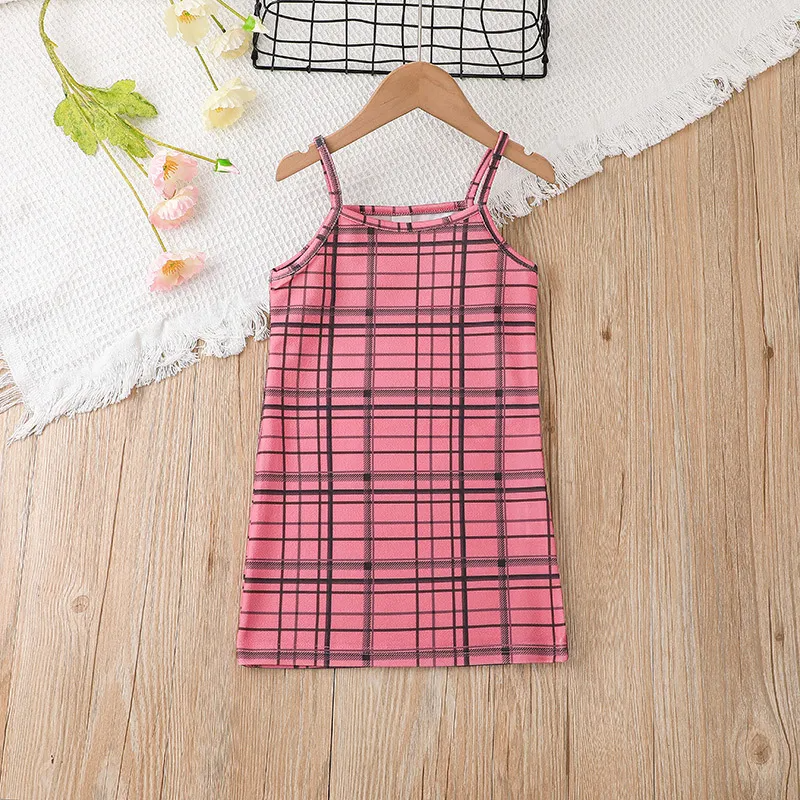 Children Kids Toddlers Fashion Girls Short Sleeve Plaid Top And Suspender Dress 2pcs Set