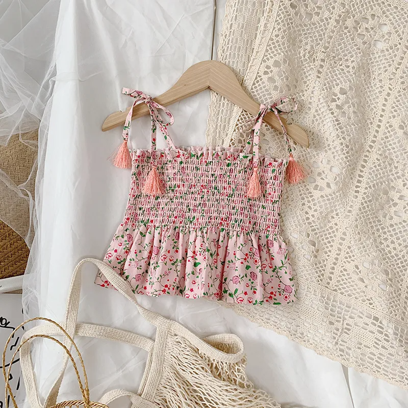 Children Kids Baby Fashion Girls Sleeveless Flower Print Suspenders Tops And Loose Shorts 2pcs Set