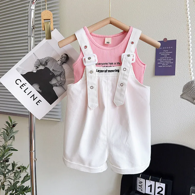 Children Kids Baby Fashion Girls Casual Sleeveless Letter Print Top And Overalls 2pcs Set