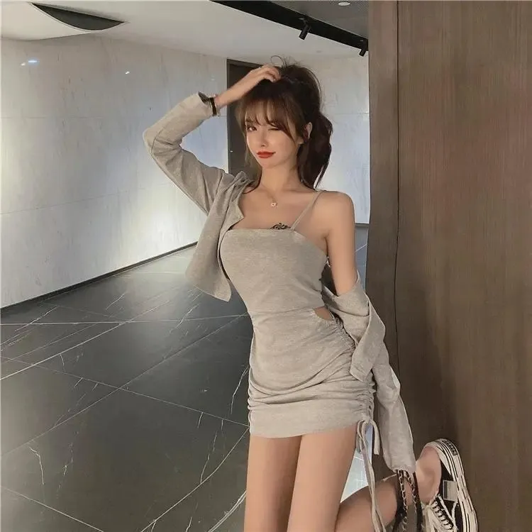 Autumn Women Edgy Sexy Elegant Basic Solid Color Long Sleeves Top And Irregular Dress Set