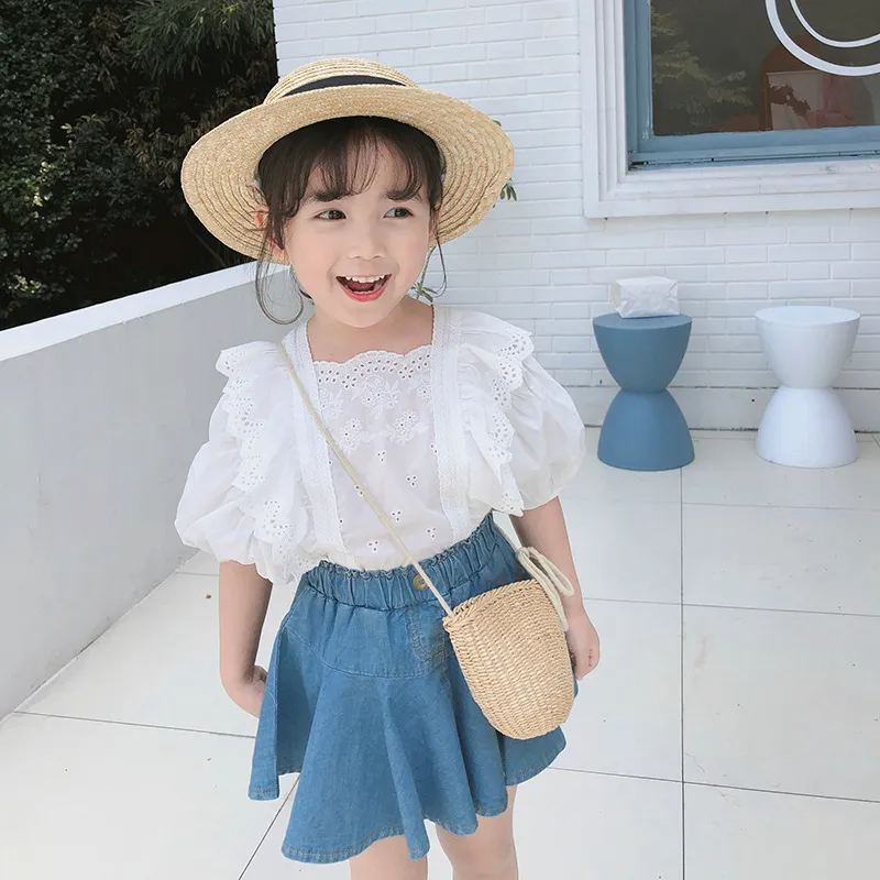 Girls Sweet Solid Color Hollow Out Puff Sleeve Lace Tops And Denim Skirts Two-Piece Set