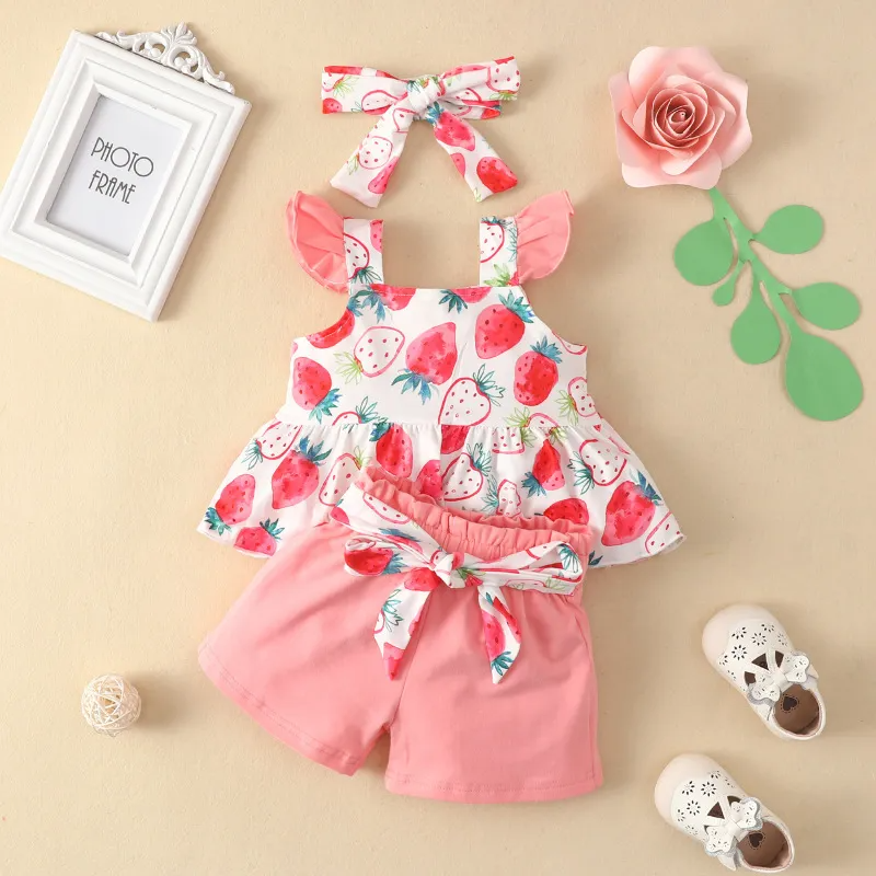 Kids Toddler Girls Casual Cute Bow Leaves Floral Strawberry Floral Sleeveless Top Shorts Sets