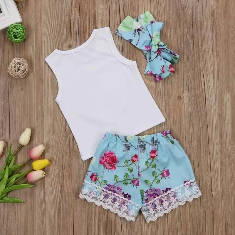 Children Kids Baby Fashion Girls Casual Sleeveless Floral Print Top And Shorts 2pcs Set