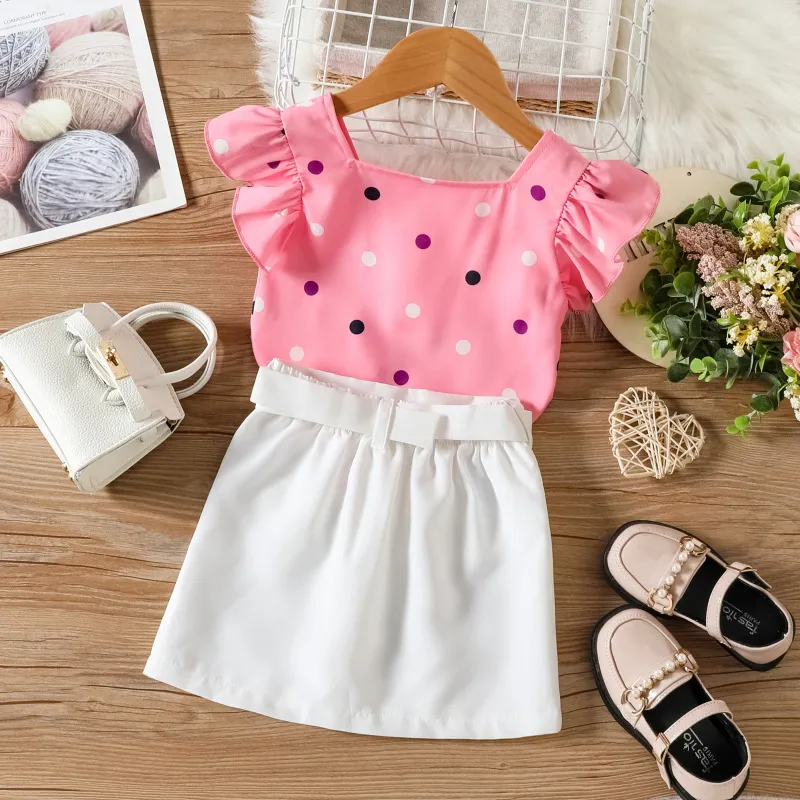 Children Kids Toddlers Girls Polka Dot Print Short Sleeve Top And Skirt 2pcs Set