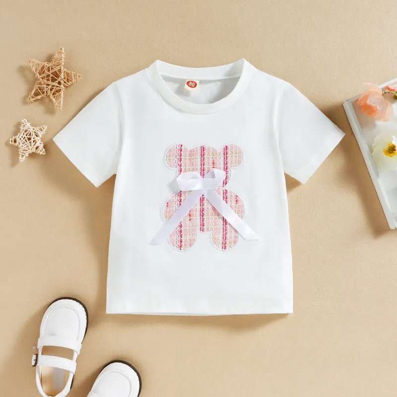 Kids Toddler Girls Summer Casual Cute Bow Cartoon Bear Pattern Short Sleeve Round Neck T-Shirt Stripe Skirt Sets