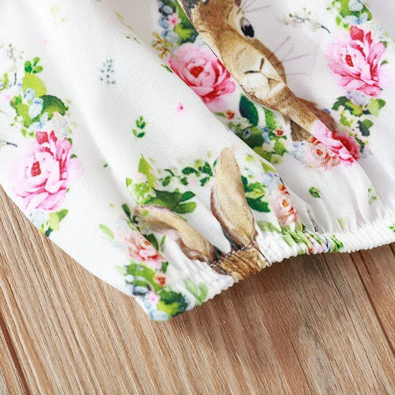 2 Pcs Set Girl Flower Rabbit Print Tops And Shorts