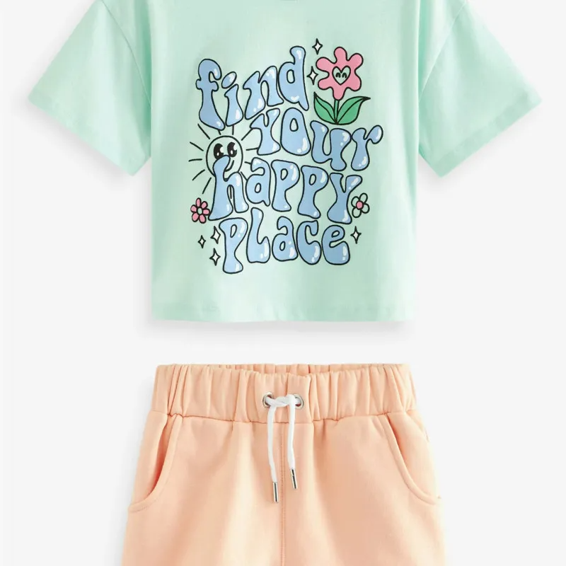 Children Kids Baby Fashion Girls Casual Basic Short Sleeve Letter Print T-Shirt And Shorts 2pcs Set