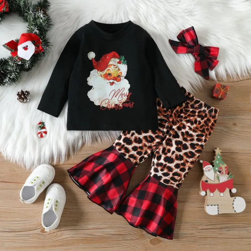 Kids Toddler Girls Casual Cute Party Santa Letters Round Neck Long Sleeve T-Shirt Flare Trousers Sets