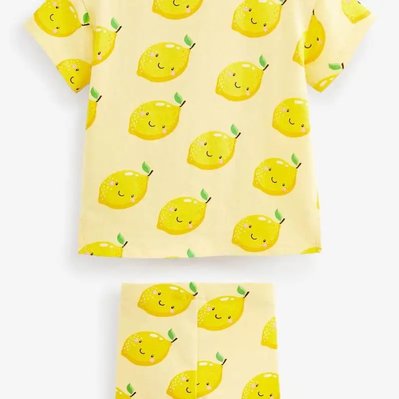 Children Kids Baby Fashion Girls Casual Basic Short Sleeve Lemon Print T-Shirt And Shorts 2pcs Set