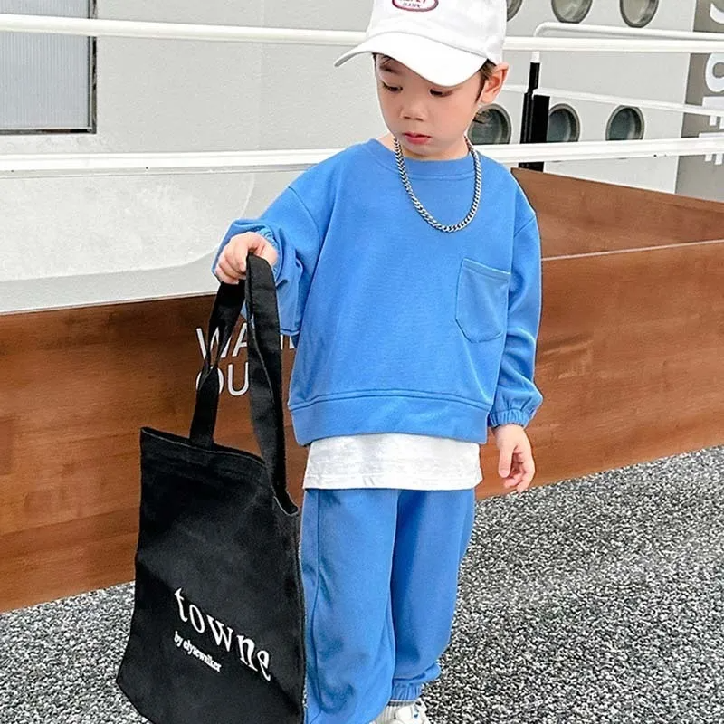 Kids Toddler Big Boys Girls Casual Sports Solid Color Long Sleeve Round Neck Sweatshirts Trousers Sets