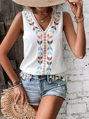 Bohemian Women Casual V-Neck Embroidered Patchwork Tassel Sleeveless Blouses