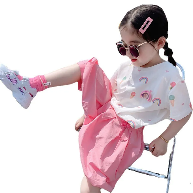 Children Kids Baby Fashion Girls Short Sleeve Cartoon Rainbow Print T-Shirt And Shorts 2pcs Set