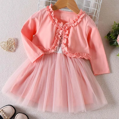 Kids Toddler Girls Casual Cute Sweet Solid Color Long Sleeve Coat Letters Heart Print Mesh Dress Set