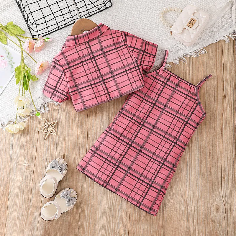 Children Kids Toddlers Fashion Girls Short Sleeve Plaid Top And Suspender Dress 2pcs Set